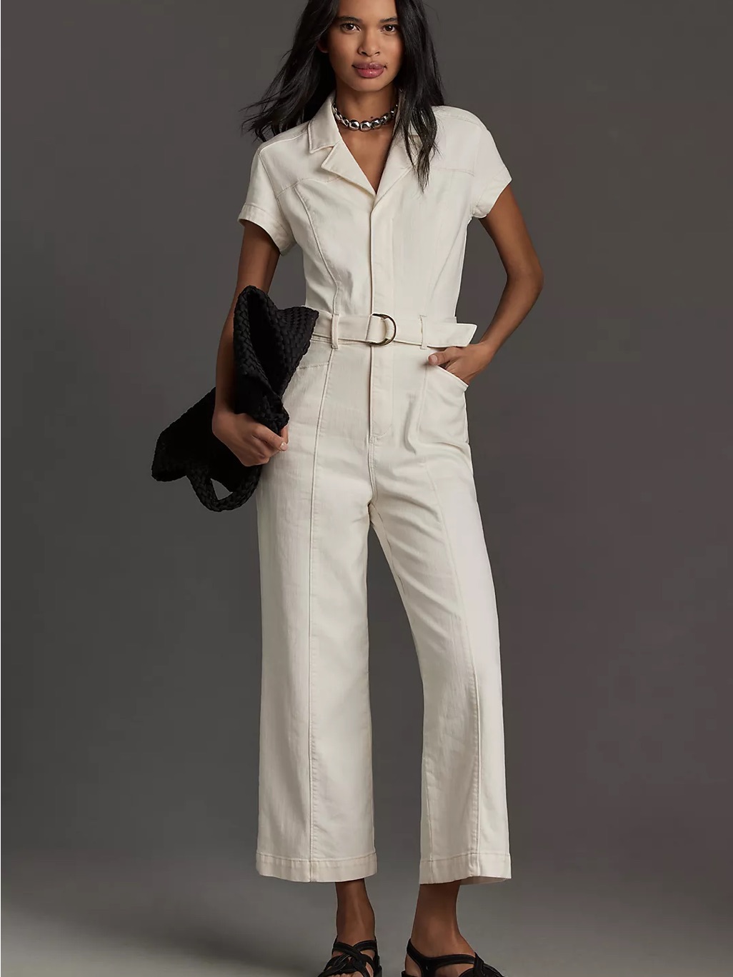 Paige Cream Short-Sleeve Utility Jumpsuit With Belt